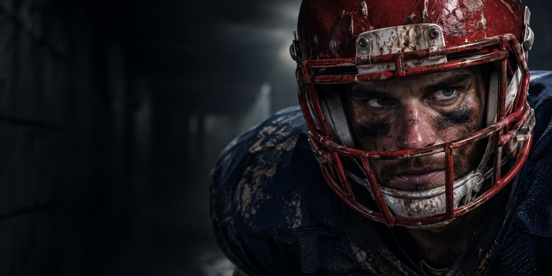 Retrato editorial de un atleta de fútbol americano con casco rojo, listo para entrar al campo
